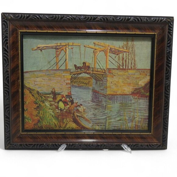 Van Gogh "Drawbridge" Framed Canvas Print In Brown Wood Frame 10" - Picture 1 of 7